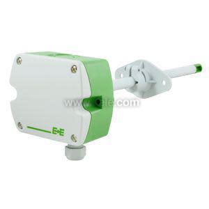 Compact green and white rectangular enclosure with cylindrical probe and adjustable grey duct mounting flange for measuring air flow