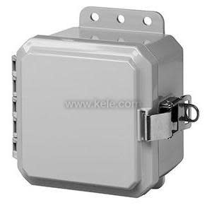 Small square outdoor electrical box with a smooth front panel, corner hinges and a padlock-ready latch on the side