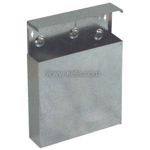 Rectangular galvanized metal box with open top and mounting flange.