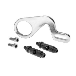 A silver curved lever arm with a large serrated circular opening, accompanied by two black threaded pivot pins and two small mounting screws.