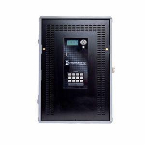 Black metal box with slotted vents and a central control panel with number buttons and screen.