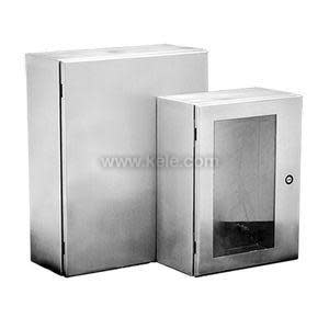 Two stainless steel boxes: a tall solid-door cabinet and a smaller cabinet with a transparent window in the door, both with hinge on left side.