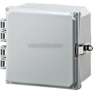 Grey outdoor electrical enclosure with latch and hinges.