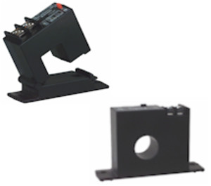 Black hinged clamp current sensor and a ring-shaped sensor, both with printed labels