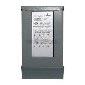 Gray metal electrical box labeled Emerson with a wiring diagram printed on the front panel.