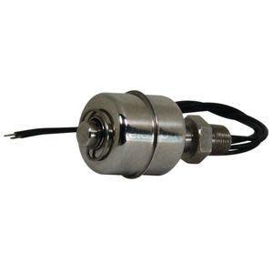 Shiny stainless float switch with long threaded rod and attached black cable.