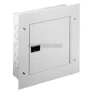 A rectangular white metal box with a front door and round openings on the side.