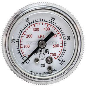 Round dial gauge with a white face and black needle; markings show pressure from zero to 100 with two colored scales.