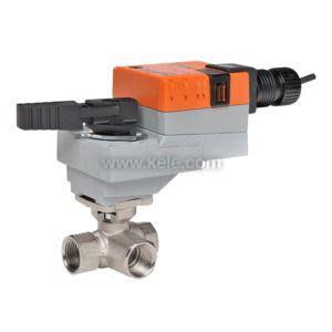 Stainless ball valve with bright orange electric actuator attached