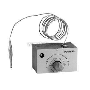 A rectangular control box with a circular dial labeled 'cooler' and 'warmer' and a coiled thin tube ending in a bulb.