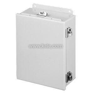 White steel enclosure with drip shield and latches.