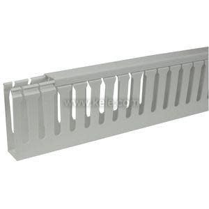 Rectangular white plastic duct with evenly spaced slots along sides