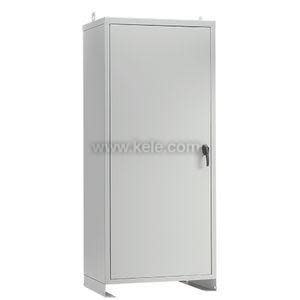 A tall floor-mounted gray cabinet with a full-length front door secured by a black latch, featuring lifting loops on top and base legs for support.