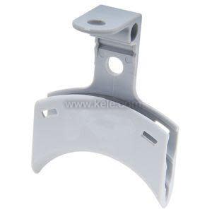 Curved grey plastic bracket with top mounting tab, central hole and side slots