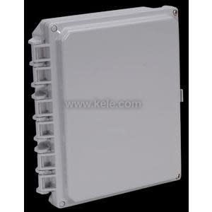 Light grey plastic electrical junction box with a hinged door and vented side, photographed on a dark background.