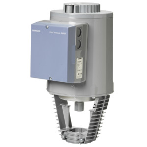 Grey cylindrical electric actuator with blue rectangular side box and a clamp bracket at the base