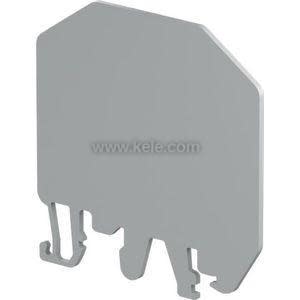 Grey plastic end plate with angled top and built-in clips for attaching to a terminal block.
