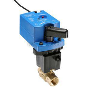 Blue electric valve actuator with black handle mounted on grey base and brass port.