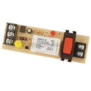 A slim beige printed circuit board labeled RIBMU1S‑NC with a prominent orange push button, various resistors, and screw terminal blocks at both ends