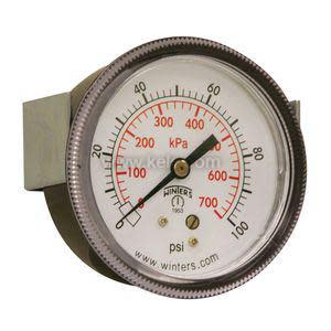 Angled view of a round pressure gauge with a bracket on the side, white face with black and red numbers indicating pressure up to 100 psi.