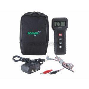Handheld black meter with small screen, four buttons, charger, clip cables and a black zippered carrying pouch.