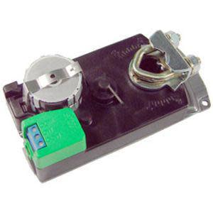 Compact rectangular damper motor with a round metal adjustment knob, U-shaped clamp, and bright green electrical connector