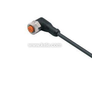 Black cable terminating in a right-angled circular connector with metal threads and an orange insert, designed for industrial sensors.