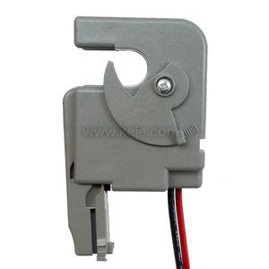A gray clamp-on sensor with a pivoting jaw and red and black wires extending from the bottom.