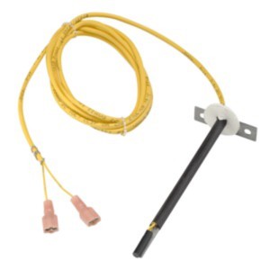 Thin black rod attached to a white round flange and metal bracket, with a long yellow cable ending in two pink crimp connectors.