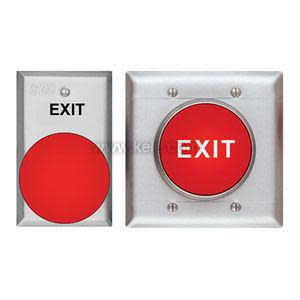 A pair of stainless steel wall plates with large red push buttons labeled EXIT, used for activating an exit door release.