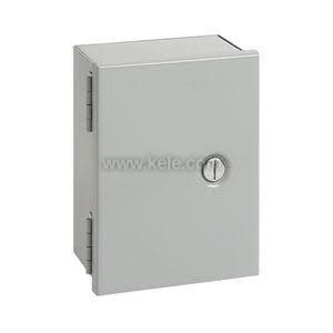 Rectangular gray metal enclosure with a keyed lock and concealed hinges.