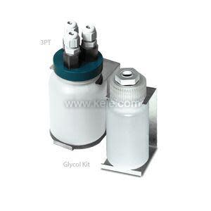 Two white reservoir bottles with caps and ports for glycol loop, one with three connectors