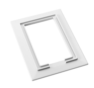 Smooth white mounting trim plate with an inset rectangular opening and small notches designed to support an electronic control unit.