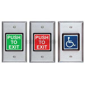 A row of three rectangular push-button plates: one green 'Push to Exit', one red 'Push to Exit', and one blue button with a wheelchair symbol.