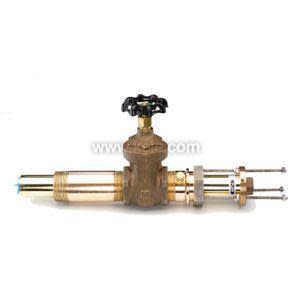 Plumbing assembly featuring bronze gate valve, red handwheel, and small test ports and valves