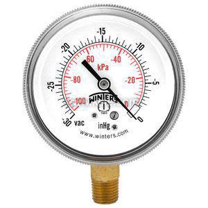 Front view of a vacuum gauge with a white face and red and black scale from zero to minus 30 inches of mercury, attached to a brass connector.