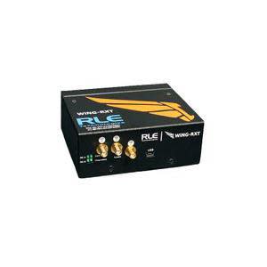 Small black box with a yellow wing graphic, two gold coax connectors and several green indicator lights