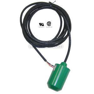 Green cylindrical float attached to a long black cable with exposed wires.