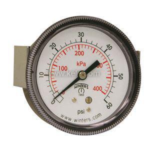 Round analog Winters pressure gauge with side tabs, measuring up to 60 psi (400 kilopascals) on a white dial with red and black markings.