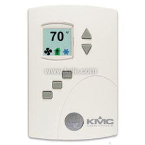 Off-white thermostat with a small square screen reading 70 degrees and fan/tree icons; below are four tiny grey buttons and two triangular arrow buttons; KMC logo at bottom.