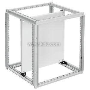 Cube‑shaped metal frame with slotted rails for mounting equipment.