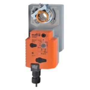 Motorized actuator with orange control unit attached to gray bracket and circular shaft clamp.