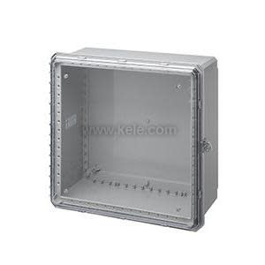 Light grey box with a see-through door; the open view reveals the empty compartment, while the closed view shows a gasketed transparent front.
