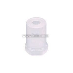 Clear cylindrical plastic spacer with a hex‑shaped base and a central hole at the top.