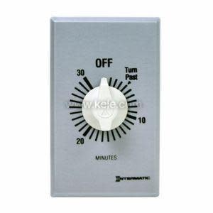Wall-mounted timer with a metallic grey plate and white rotary knob showing minute markings up to 30 with an off position at the top.