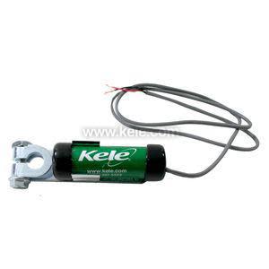 Cylindrical sensor with clamp bracket on one end and a grey cable extending from the other