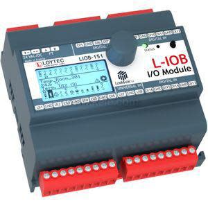 Grey LiOB‑151 control module with an LCD screen, knob and rows of red terminal connectors at the bottom.