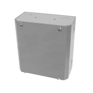 Grey metal box with flat removable cover and knockouts for wiring.