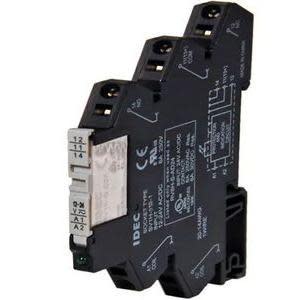 Black narrow relay module with printed diagram and top screw terminals.