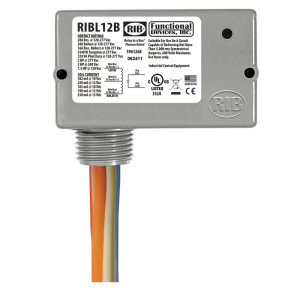 A small rectangular metal box labeled with contact ratings and a wiring diagram, with a threaded conduit outlet and multi-colored wires extending below.